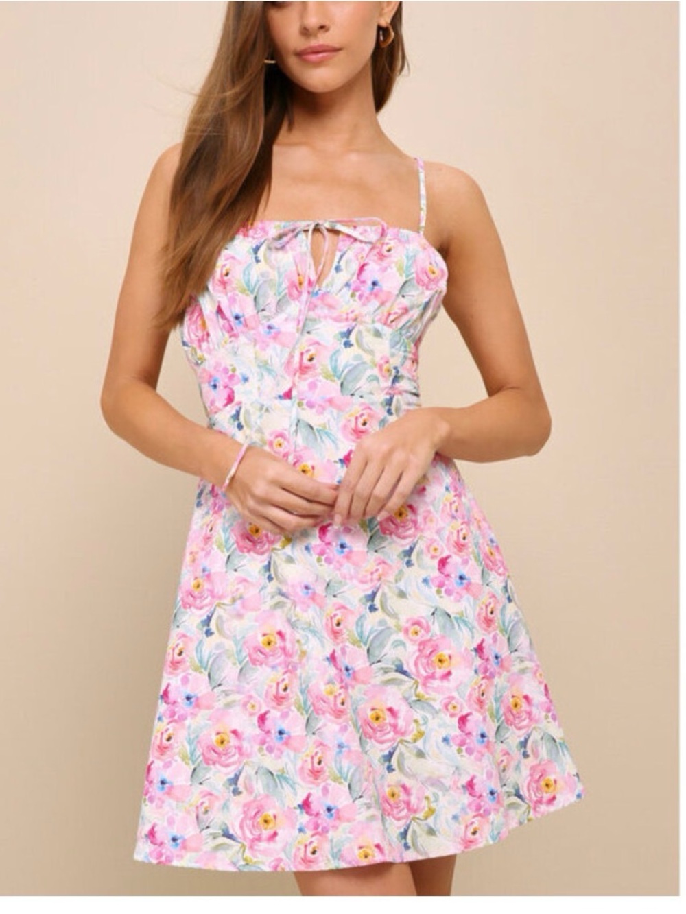 Lulu’s More Than Darling Pink Floral Cutout Lace-Up Mini Dress